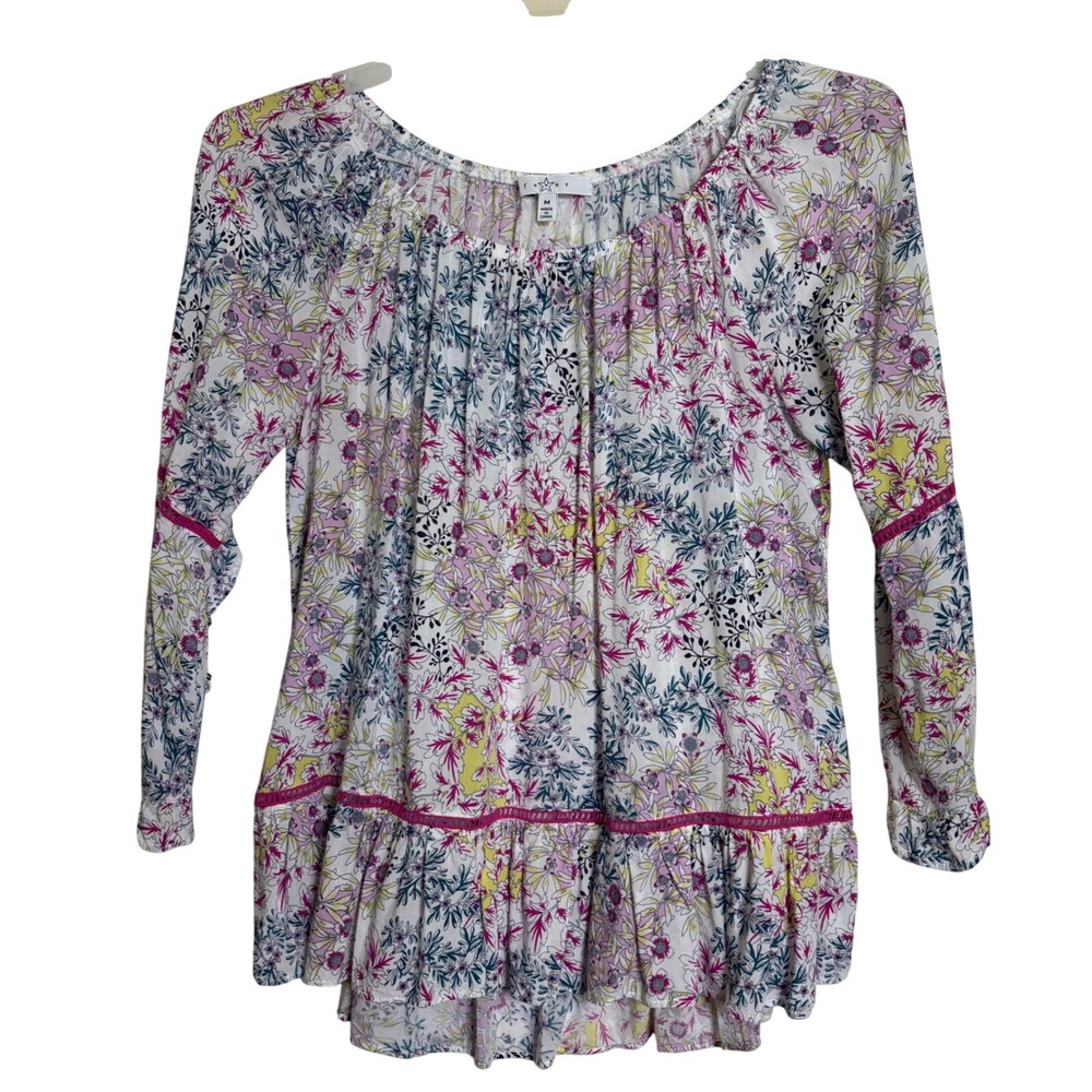 Star V Floral Peasant Blouse Pink Yellow Teal Boho Lace Trim Ruffle Top Womens M